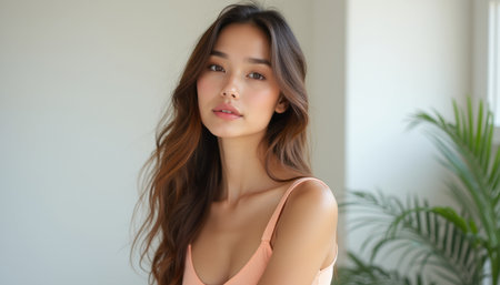 Elegant woman with flowing hair in a soft, natural settingの素材