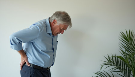 Elderly man experiencing back painの素材