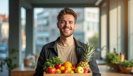 Smiling man holding a wooden crate of fresh fruitsの素材