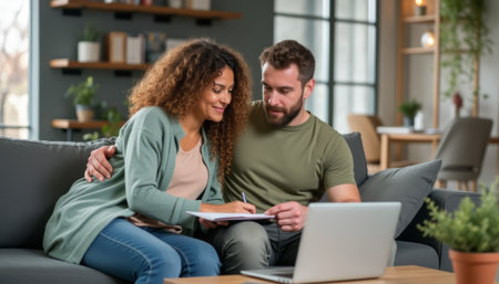 Couple enjoying a cozy moment while working togetherの素材