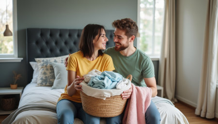 Couple sharing a joyful moment while folding laundryの素材