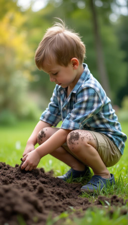 Young boy digging in the garden with dirt on his kneesの素材