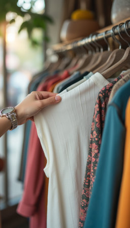 Hand selecting a stylish white top from a colorful clothing rackの素材