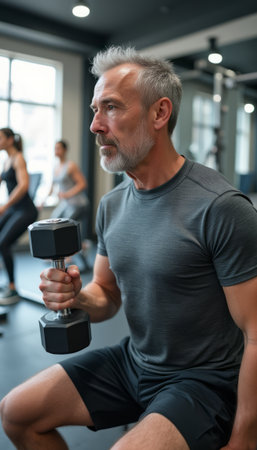Focused senior man lifting dumbbell in modern gymの素材