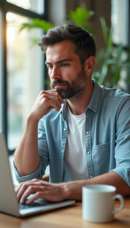Thoughtful man working on laptop in a cozy cafÃ©の素材