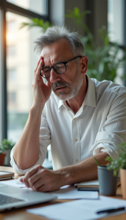 Stressed elderly man with glasses at a deskの素材