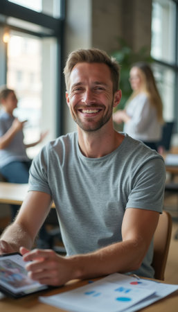 Cheerful young man smiling while working in a modern officeの素材