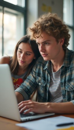 Focused young couple collaborating on a laptopの素材