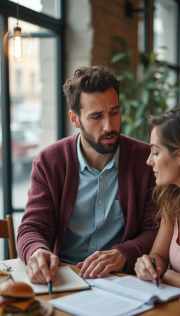 Couple engaged in a serious conversation at a cozy cafÃ©の素材