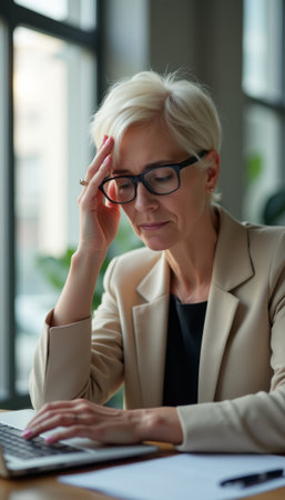 Stressed businesswoman working on a laptopの素材