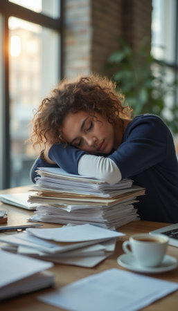 Exhausted woman resting on a pile of paperworkの素材