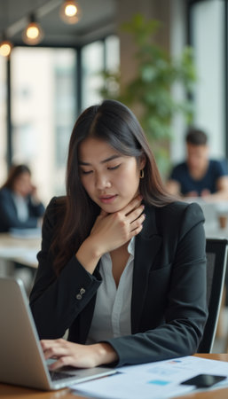 Focused businesswoman working on a laptop in a modern officeの素材