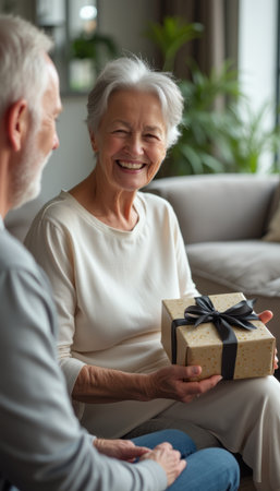 Joyful elderly woman receiving a giftの素材