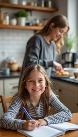 Cheerful girl writing at the kitchen table while her mother prepares foodの素材