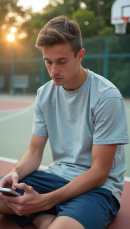 Young man sitting on a basketball court, focused on his smartphoneの素材