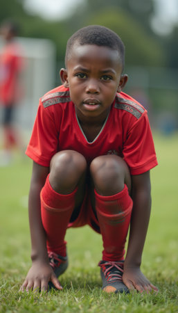 Young boy in red soccer uniform preparing to playの素材