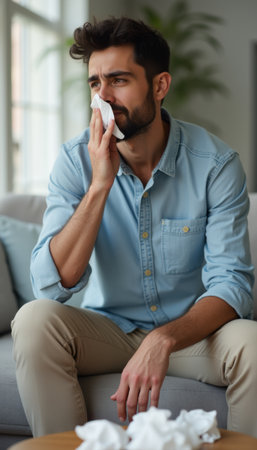 Man with a tissue showing signs of sadnessの素材