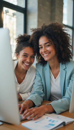 Two joyful women collaborating at a computerの素材