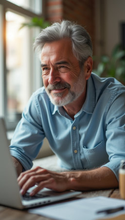 Smiling elderly man working on a laptop at homeの素材