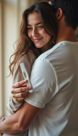 Couple celebrating pregnancy news with a positive testの素材