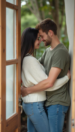Couple embracing in a doorway, radiating love and warmthの素材