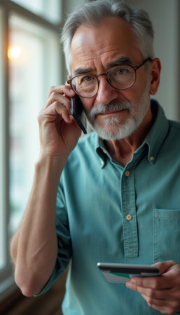Elderly man engaged in a phone conversationの素材
