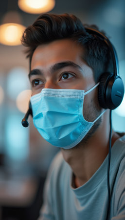 Focused young man wearing a headset and maskの素材