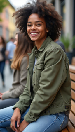 Joyful woman with curly hair smiling brightly in a casual outdoor settingの素材
