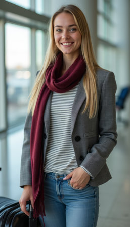 Confident young woman smiling at the airportの素材