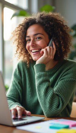 Cheerful woman talking on the phone while working on a laptopの素材