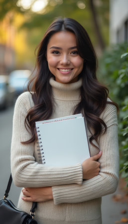 Smiling woman holding a sketchbook in a cozy autumn settingの素材