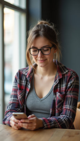 Smiling young woman using smartphone in cozy cafÃ©の素材