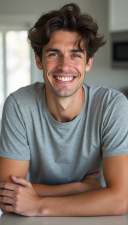 Cheerful young man smiling warmly at the cameraの素材