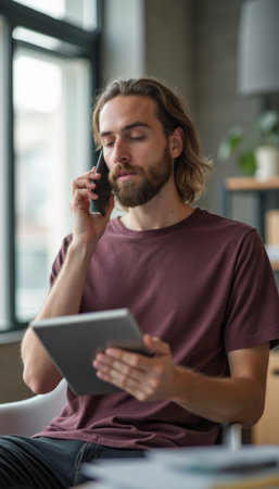 Young man engaged in a phone conversation while holding a tabletの素材