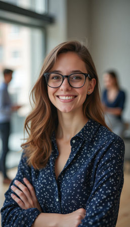 Confident young woman smiling in a modern officeの素材