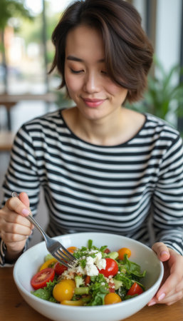 Woman enjoying a fresh salad in a cozy cafÃ©の素材