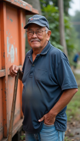 Smiling elderly man with glasses standing confidentlyの素材