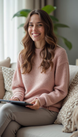 Smiling woman in cozy sweater holding a tabletの素材