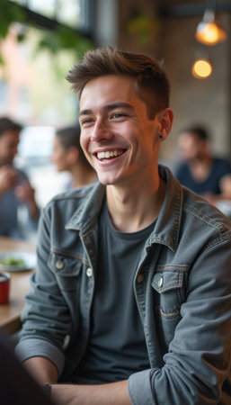Cheerful young man enjoying a lively cafÃ© atmosphereの素材