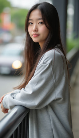 Thoughtful young woman leaning on a railingの素材