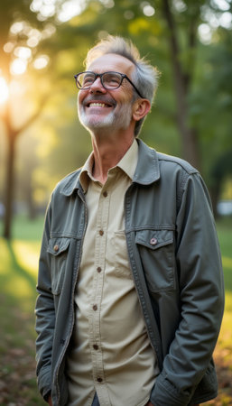 Joyful elderly man smiling in a sunlit parkの素材