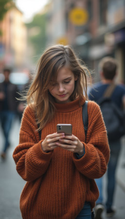Young woman in cozy sweater texting on her phone in a bustling streetの素材