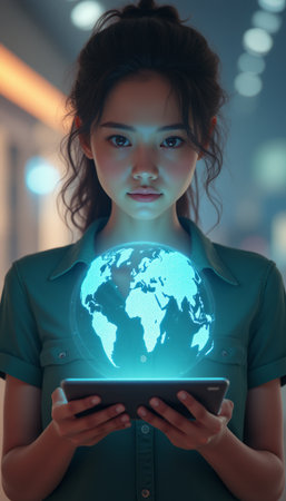 Young woman holding a glowing globeの素材