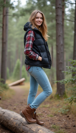Smiling woman in a forest wearing a stylish vest and bootsの素材