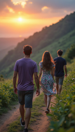 Friends walking together at sunset on a scenic trailの素材