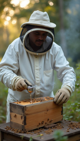 Dedicated beekeeper harvesting honey in a serene forest settingの素材