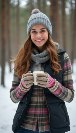 Smiling woman enjoying a warm drink in a snowy forestの素材