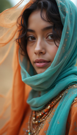 Graceful woman in vibrant traditional attire with a flowing scarfの素材