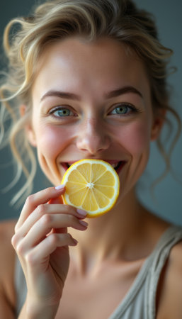 Joyful woman holding a lemon slice with a bright smileの素材