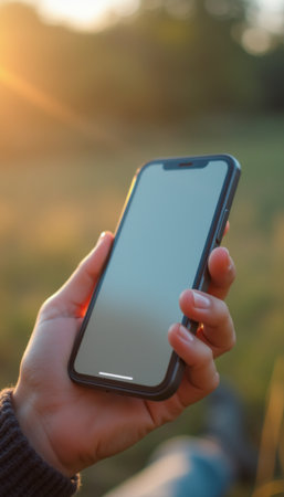 Hand holding a smartphone against a golden sunsetの素材